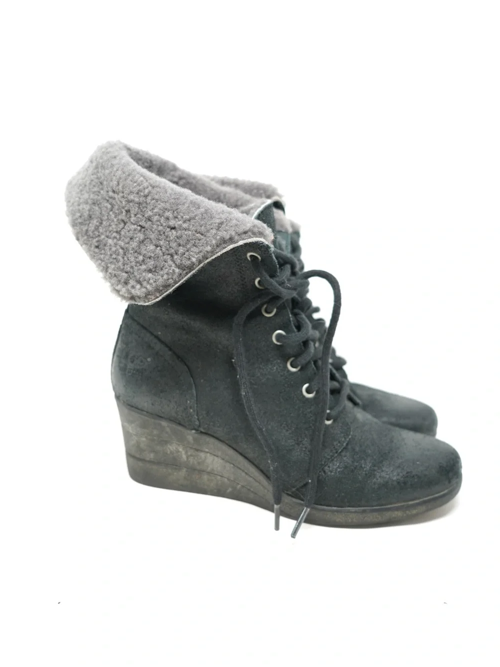 Ugg Zea Black Shearling Wedge Waterproof Lace Up Ankle Boots Size 7 Woman Shoe